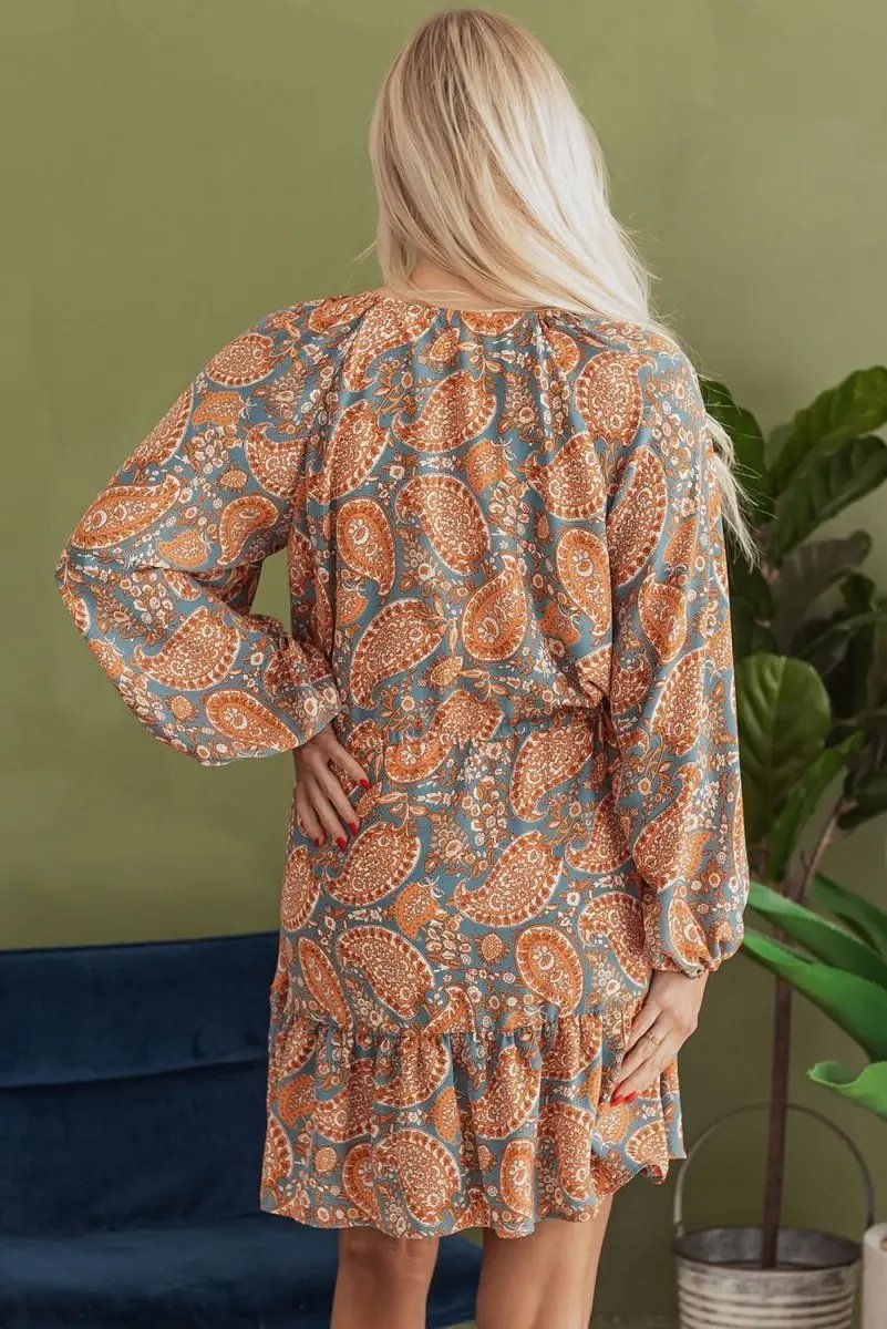 Orange Paisley Print Loose Fit Drawstring High Waist Mini Dress - Love Salve
